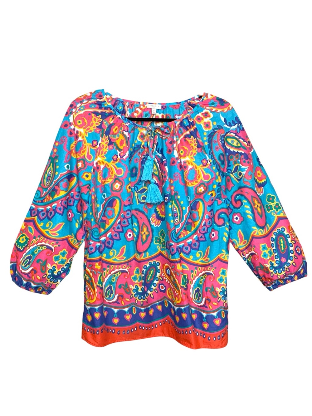 Talbots Boho Cotton Blouse Turquoise Pink Paisley Tie-Neck Tassels Sz M Top